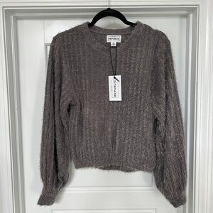 For The Republic Fuzzy Gray Crew Neck Sweater with Balloon Sleeves size SP